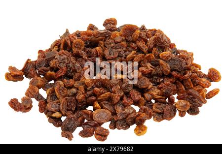 A bunch of brown shriveled sultanas on a white background. Dried grapes. Horizontal. Stock Photo