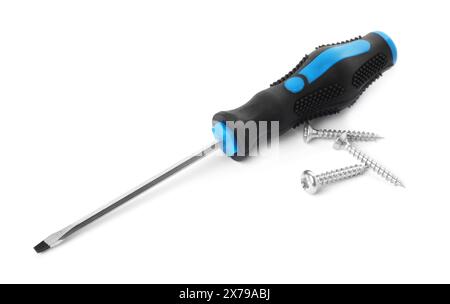 Screwdriver with black handle and screws isolated on white Stock Photo