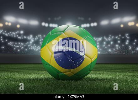 Soccer ball in flag colors on a bright blurred stadium background. Brazil. 3D image Stock Photo