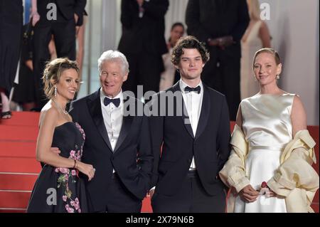 Cannes, France. 17th May, 2024. Alejandra Silva, Richard Gere, Homer James Jigme Gere, and Uma Thurman attend the 'Oh, Canada' Red Carpet at the 77th annual Cannes Film Festival at Palais des Festivals on May 17, 2024 in Cannes, France. Photo by Rocco Spaziani/UPI Credit: UPI/Alamy Live News Stock Photo