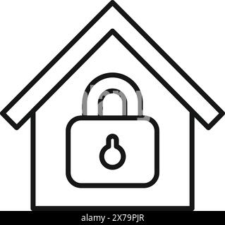 Secure home icon with padlock and house vector line art for safety and protection in residential real estate and property security concept Stock Vector