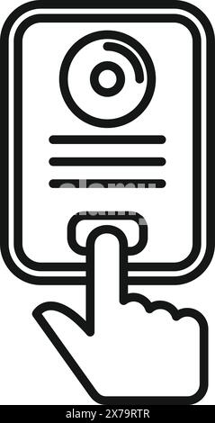 Black and white line art of a finger tapping a button with a circular icon, representing interactivity Stock Vector