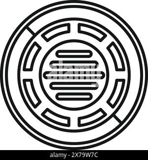 Minimalistic black and white line art illustration of a circular maze or labyrinth icon Stock Vector