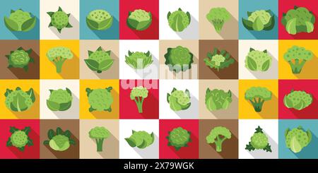 Cauliflower flat vector icons. A colorful image of various types of green vegetables, including broccoli, cauliflower, and cabbage. The image is a collage of different colored squares Stock Vector