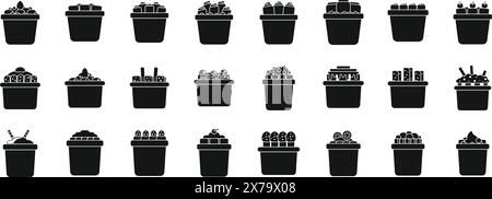 Stir fried ice cream simple vector icons. A collection of black and white images of various containers, including a basket, a bowl, and a cup Stock Vector