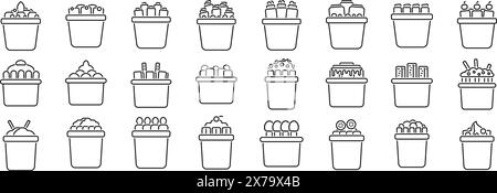 Stir fried ice cream outline vector icons. A series of white boxes with various items inside. The boxes are arranged in a grid pattern. Scene is that of a grocery store or a market Stock Vector