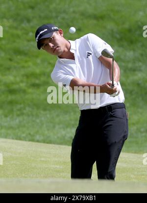 Louisville, United States. 18th May, 2024. Collin Morikawa chips onto the seven green during the third round of the 2024 PGA Championship at Valhalla Golf Course on Saturday, May 18, 2024 in Louisville, Kentucky. Photo by John Sommers II/UPI Credit: UPI/Alamy Live News Stock Photo