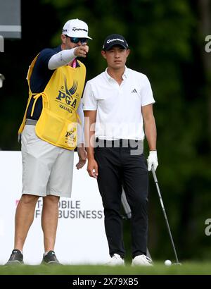 Louisville, United States. 18th May, 2024. Collin Morikawa (R) talks with his caddie on the fifth hole during the third round of the 2024 PGA Championship at Valhalla Golf Course on Saturday, May 18, 2024 in Louisville, Kentucky. Photo by John Sommers II/UPI Credit: UPI/Alamy Live News Stock Photo