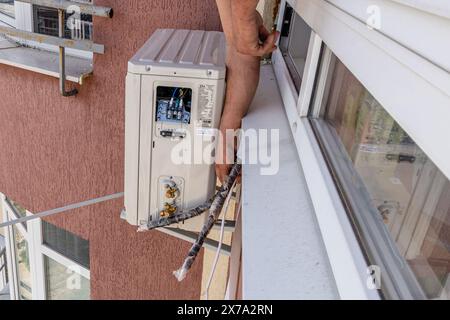 air conditioning piping for cooling systems Lviv Ukraine 08.04.2024 Stock Photo