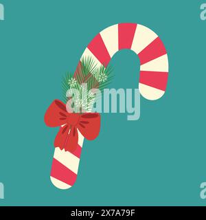 Candy cane with red bow and Christmas tree twigs with snowflakes in trendy shades Greetings concept Isolate EPS Vector Christmas New Year Cards, posters, banners, invitations, label or web, promo idea Stock Vector