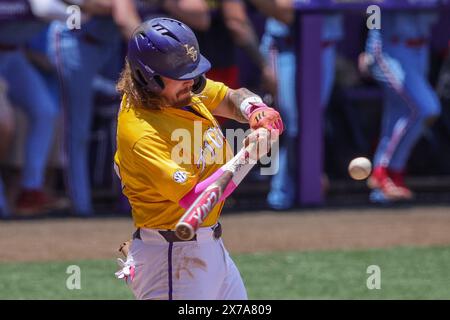 Baton Rouge, LA, USA. 18th May, 2024. LSU's Tommy White (47) tries for a hit during NCAA Baseball action between the Ole Miss Rebels and the LSU Tigers at Alex Box Stadium, Skip Bertman Field in Baton Rouge, LA. Jonathan Mailhes/CSM/Alamy Live News Stock Photo