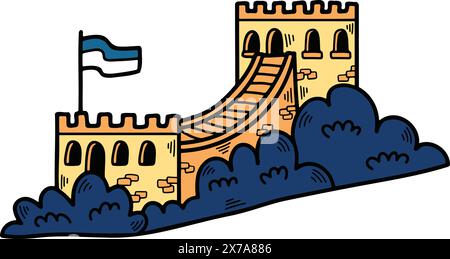 a Illustration of Chinese buildings and the Great Wall Hand drawn in line style. Stock Vector