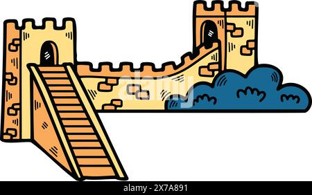 a Illustration of Chinese buildings and the Great Wall Hand drawn in line style. Stock Vector