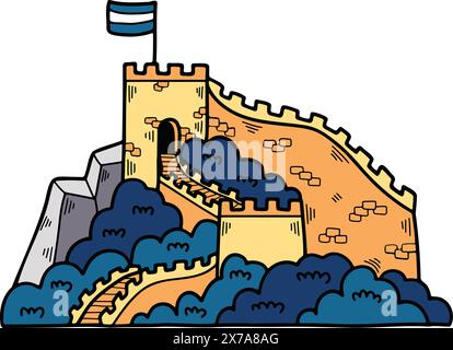 a Illustration of Chinese buildings and the Great Wall Hand drawn in line style. Stock Vector