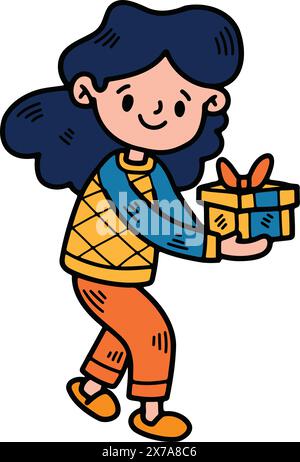 The child with gift box Hand drawn illustrations in line art style Stock Vector