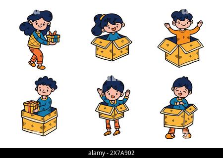 The child with gift box Hand drawn illustrations in line art style Stock Vector