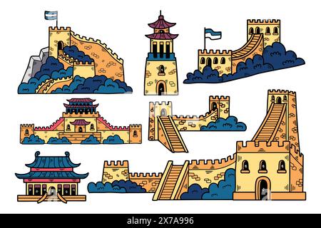 a Illustration of Chinese buildings and the Great Wall Hand drawn in line style. Stock Vector