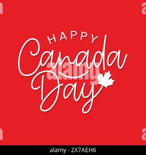 Happy Canada Day handwritten lettering logo with a red maple leaf vector. Canada day typography greeting card, poster, banner. red color background. Stock Vector