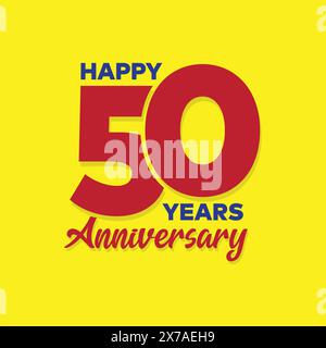 Happy 50 years anniversary logo with bold typography on yellow background. Red color 50th anniversary logo. 50 age Birthday celebration template, post Stock Vector