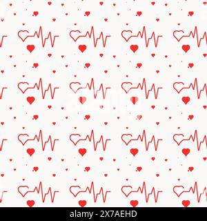 Seamless vector pattern with rhythm heart. Abstract love symbol. Cardiogram background with heart. Vector illustration pulse line heart ECG Stock Vector