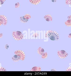Seashells scallops in blue, lilac and pink colors on a lilac background. Watercolor illustration. Seamless pattern. For fabrics, textiles and wallpape Stock Photo