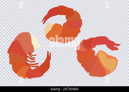Shrimp prawn icons set. Boiled Shrimp drawing in flat style isolated on transparent. Shrimp meat. Seafood for restaurant, sushi bar menu, poster. Heal Stock Vector