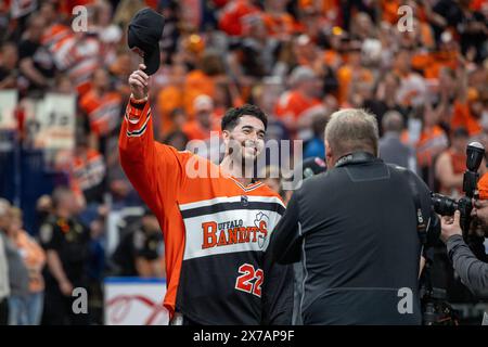 May 18th, 2024: Buffalo Bandits forward Josh Byrne (22) celebrates the NLL Championship after defeating the Albany Firewolves. The Buffalo Bandits hosted the Albany Firewolves in Game 2 of the National Lacrosse League Finals at KeyBank Center in Buffalo, New York. (Jonathan Tenca/CSM) Stock Photo