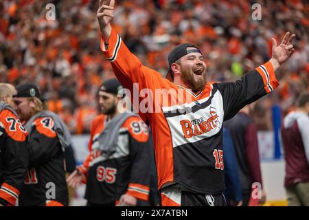 May 18th, 2024: Buffalo Bandits defenseman Adam Bomberry (15) celebrates the NLL Championship after defeating the Albany Firewolves. The Buffalo Bandits hosted the Albany Firewolves in Game 2 of the National Lacrosse League Finals at KeyBank Center in Buffalo, New York. (Jonathan Tenca/CSM) Stock Photo