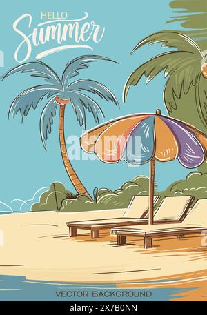 A beach scene with umbrella and two lounge chairs Stock Vector