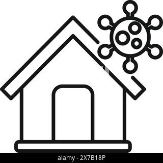 Simple line icon depicting a house with a virus symbol, representing staying safe at home during a health crisis Stock Vector