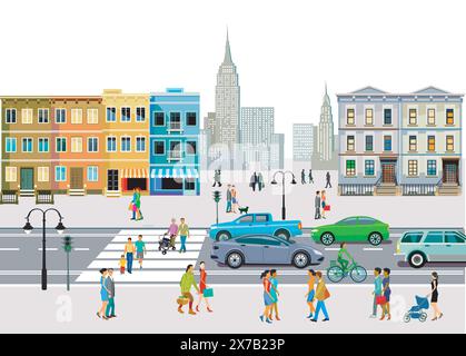 City silhouette with groups of people having leisure time in residential district, illustration Stock Vector