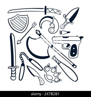 War weapon hand drawn drawing vector. hand drawn weapons tools scribble. weapon doodles set Stock Vector
