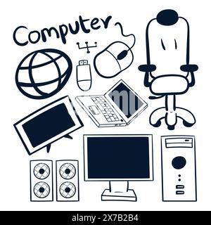 hand drawn computer drawings icon. Computer scribbles doodle vector. computer component drawing vector illustrations Stock Vector