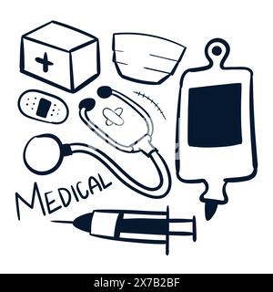 Hand drawn medical doodles vector. medical doctor scribbles icons set. medical healthcare drawings Stock Vector