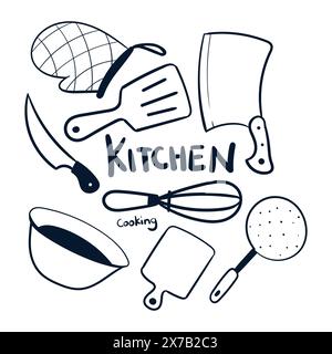 Hand drawn kitchen tools vector. Kitchen items doodles vector icon. Kitchen Tools Doodle. Stock Vector