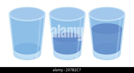 Full, half and empty Glass of water illustration icon set. water drink glass vector set. water glass. water icons Stock Vector