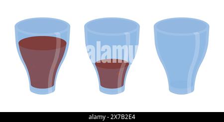 Full, half and empty Glass of beverage illustration icon set. Soda drink glass vector set. soda glass. Milk icons Stock Vector