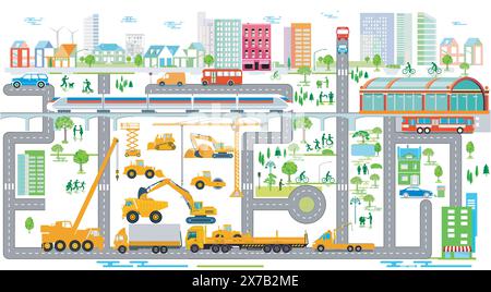 City silhouette panorama overview with construction site and transportation, illustration Stock Vector