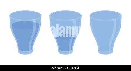 Full, half and empty Glass of water illustration icon set. water drink glass vector set. water glass. water icons Stock Vector