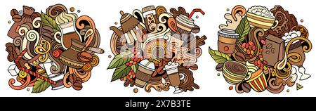 Coffee cartoon vector doodle designs set Stock Vector