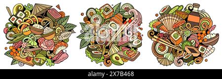 Sushi doodle cartoon funny banner Stock Vector