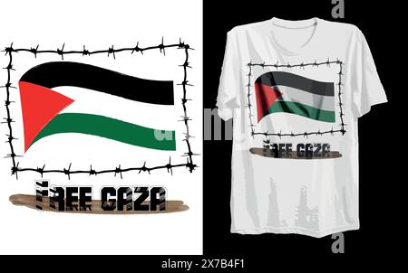 A white t-shirt with a flag of palestine and barbed wire fence on it Stock Vector