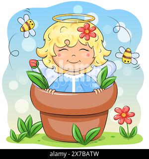 Cute cartoon angel in a flower pot with bees and flowers. Vector illustration of nature. Stock Vector