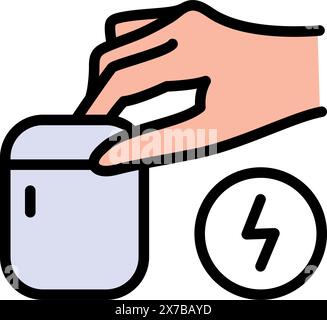 Wireless earbuds in hand color icon. Charging case simple sign. Vector icon for web design isolated on white background. Stock Vector
