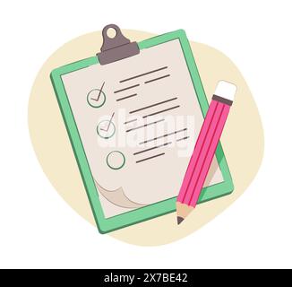 Checklist Paper on Clipboard with Pencil in Flat Design for Checklist Concept Illustration Clip Art Stock Vector