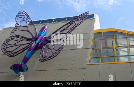 Prague, Czech Republic. 19th May, 2024. Installation of artworks on the facade of renovated Maj department store on 19 May 2024, Prague, Czech Republic. The author of two several-metre-long moving sculptures of butterflies, whose fuselages are imitations of spitfire fighters, is Czech artist David Cerny. They are to become a tribute to Czechoslovak pilots who fought in the Second World War. The civic association Klub za starou Prahu (Club for Old Prague) disagrees with the placement, saying it is typical kitsch. Credit: Katerina Sulova/CTK Photo/Alamy Live News Stock Photo