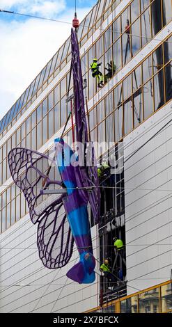 Prague, Czech Republic. 19th May, 2024. Installation of artworks on the facade of renovated Maj department store on 19 May 2024, Prague, Czech Republic. The author of two several-metre-long moving sculptures of butterflies, whose fuselages are imitations of spitfire fighters, is Czech artist David Cerny. They are to become a tribute to Czechoslovak pilots who fought in the Second World War. The civic association Klub za starou Prahu (Club for Old Prague) disagrees with the placement, saying it is typical kitsch. Credit: Katerina Sulova/CTK Photo/Alamy Live News Stock Photo