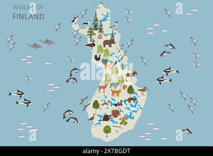 Flat design of Finland wildlife. Animals, birds and plants constructor elements isolated on white set. Build your own geography infographics collectio Stock Vector