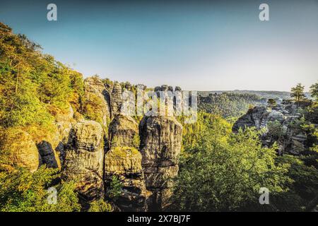 Rock formations at the Bastei in Saxon Switzerland in Germany, panorama, Elbe sandstone, trees, painter's path Stock Photo