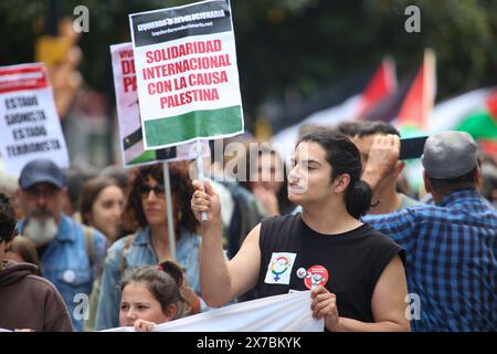 Gijón, Spain, May 19, 2024: A girl carries a sign with 'International Solidarity with the Palestinian cause' during the Stop the Genocide Demonstration, end relations and purchase and sale of weapons with Israel, on May 19, 2024, in Gijón, Spain. Credit: Alberto Brevers/Alamy Live News. Stock Photo